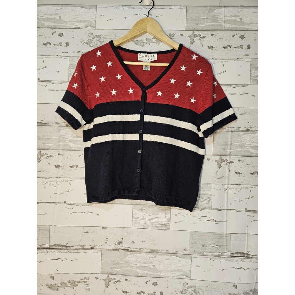 Norton Studio Womens Red White Blue Stars Stripes Patriotic Cardigan Sweater S